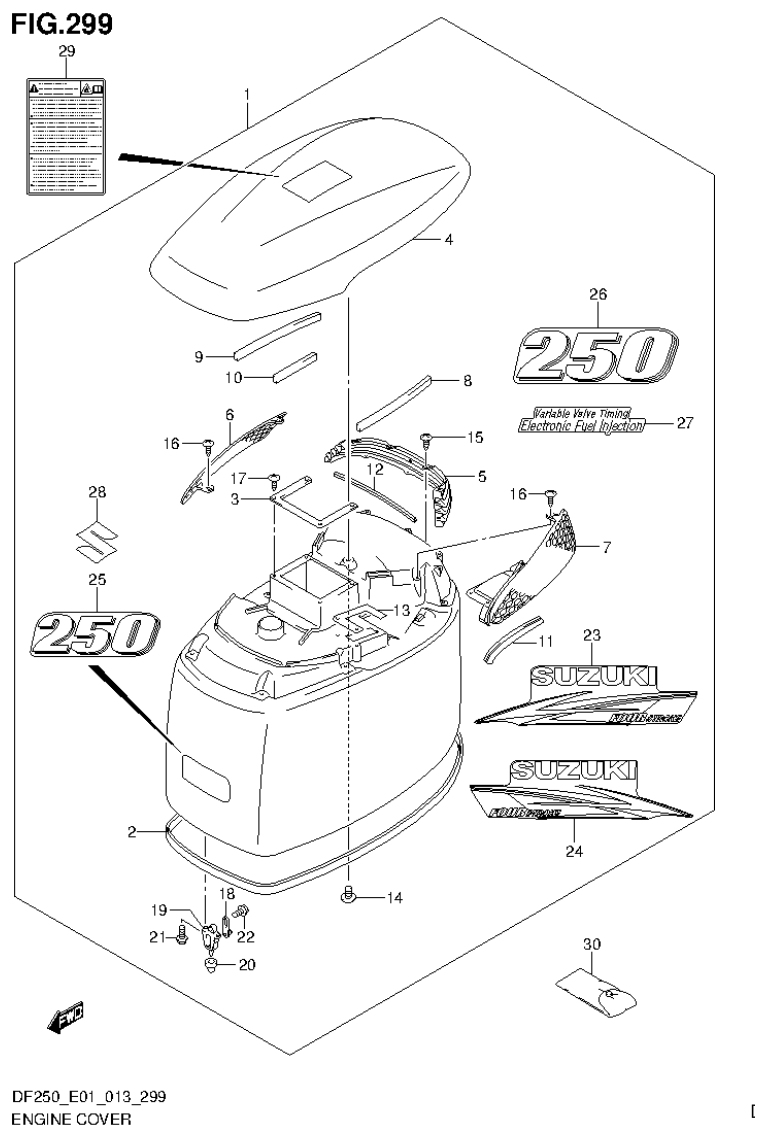 Suzuki DF200T, DF200Z, DF225T, DF225Z, DF250T, DF250Z ENGINE COVER (DF250Z E1) parts diagram